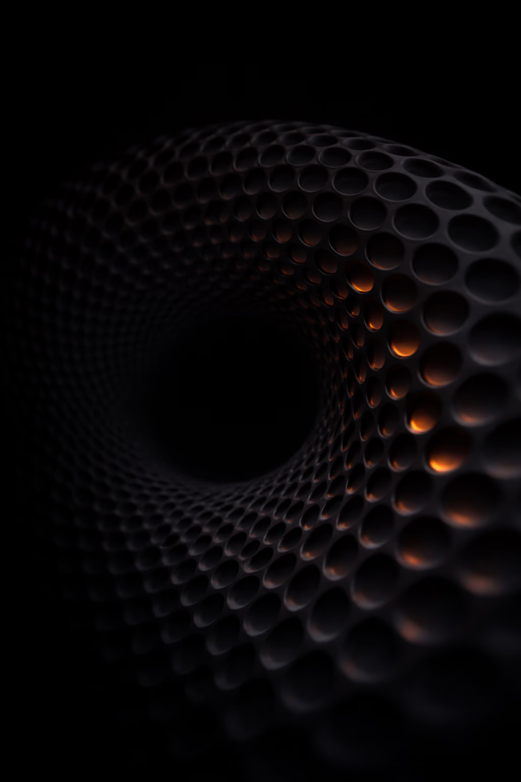 Dark sculptural loop with illuminated honeycomb cells